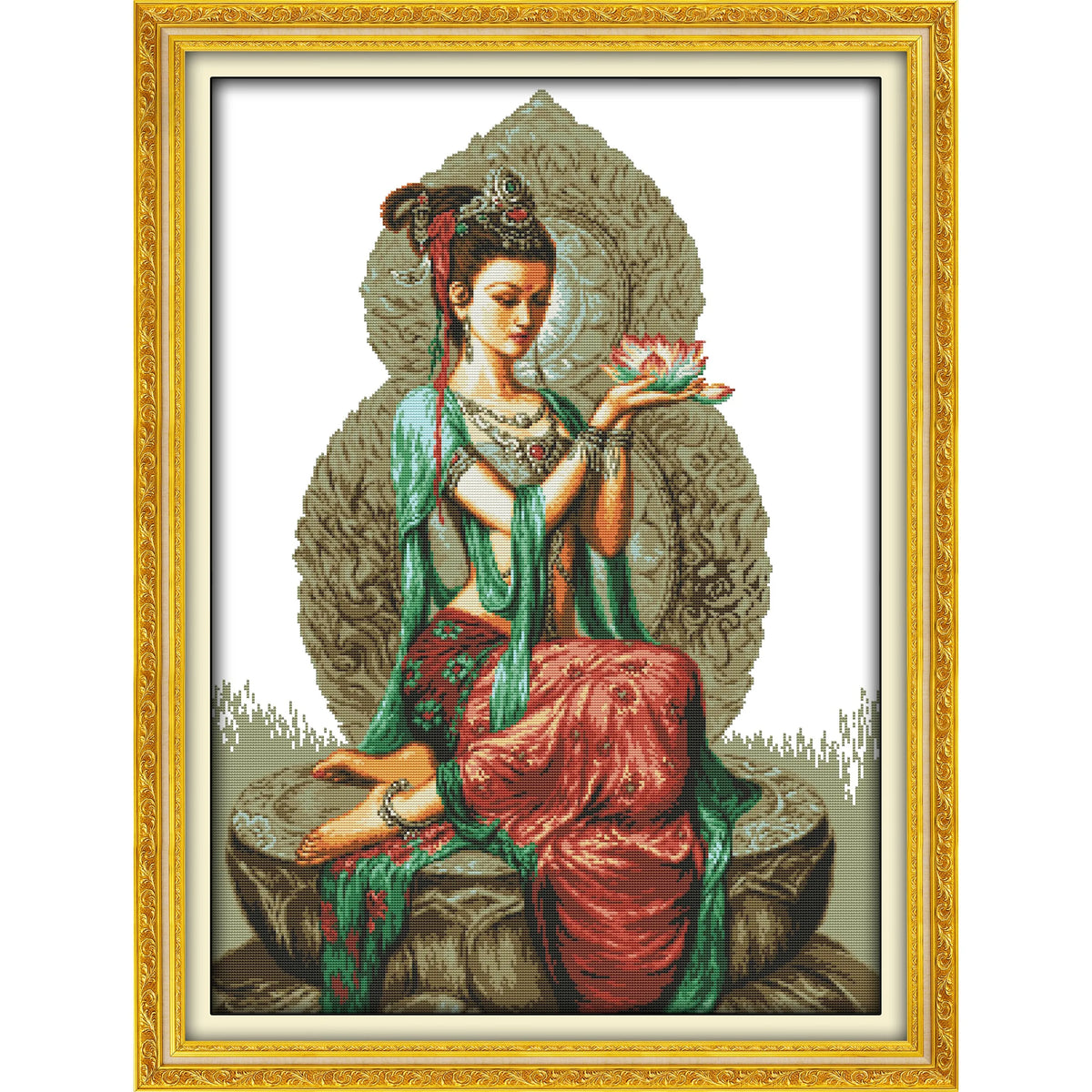 kit broderie motif floral paysage vert rouge beige bleu toile coton 11ct 14ct imprimée