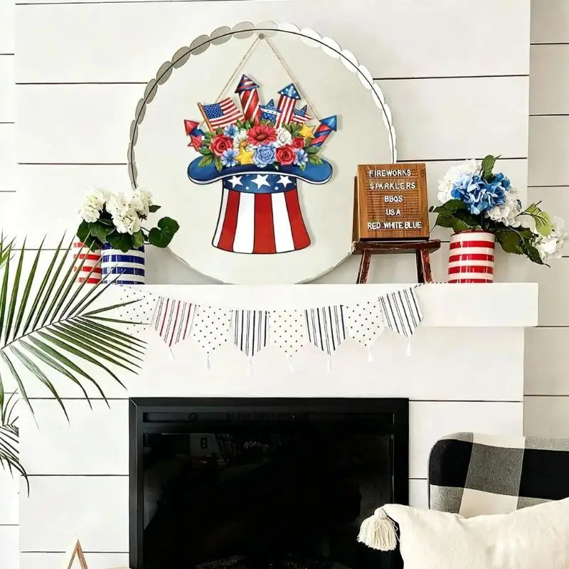 couronne porte bleu étoiles blanches rayures rouges fleurs patriotique cordelette pré assemblée