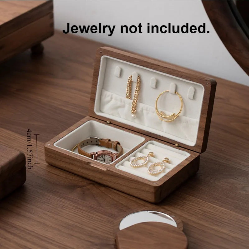 boîte bijoux bois foncé tissu gris classique minimaliste boutons dorés porte collier bracelet
