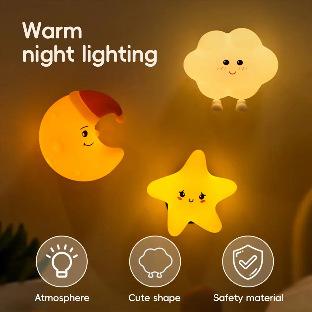 lampe nuit veilleuse lune étoile nuages sourire aimant rechargeable usb led mignon cartoon enfants