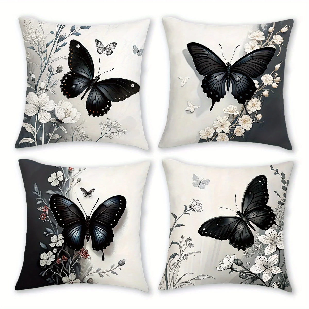 taies d'oreiller moderne papillon fleurs noires blanches grises 45x45cm polyester chambre décoration maison