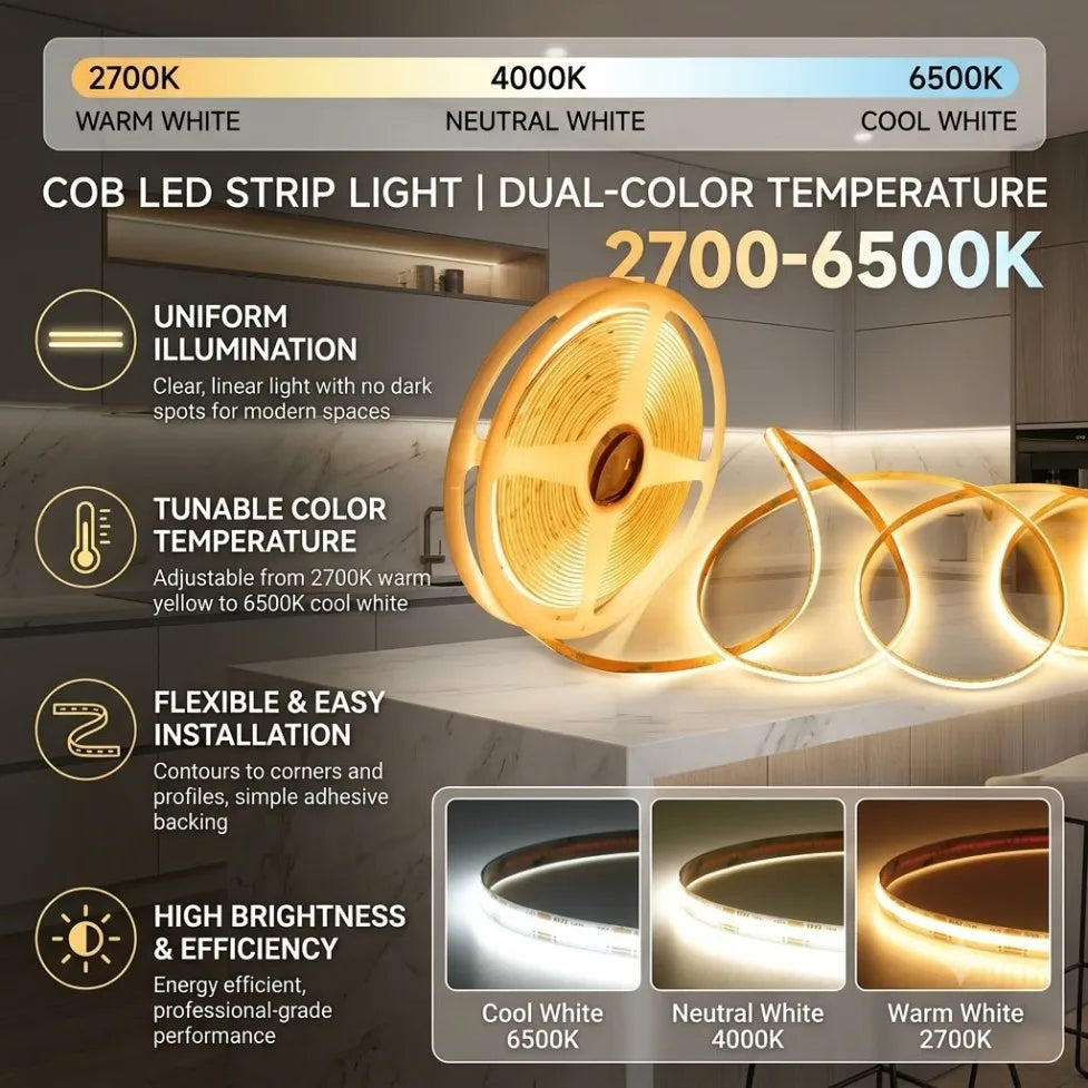 ruban led cob 24v dimmable cct blanc chaud neutre froid flexible adhésif linéaire