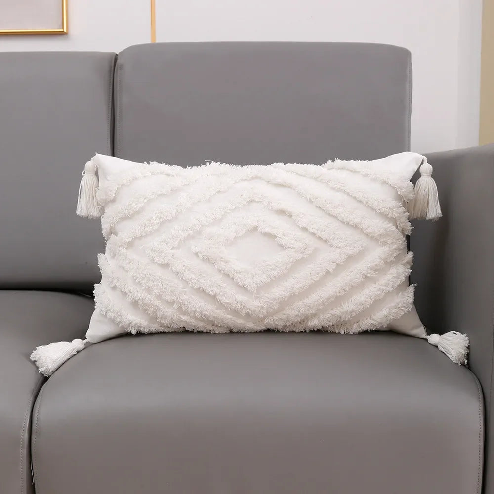 coussin carré géométrique blanc boho chic franges opaques décoration maison voiture