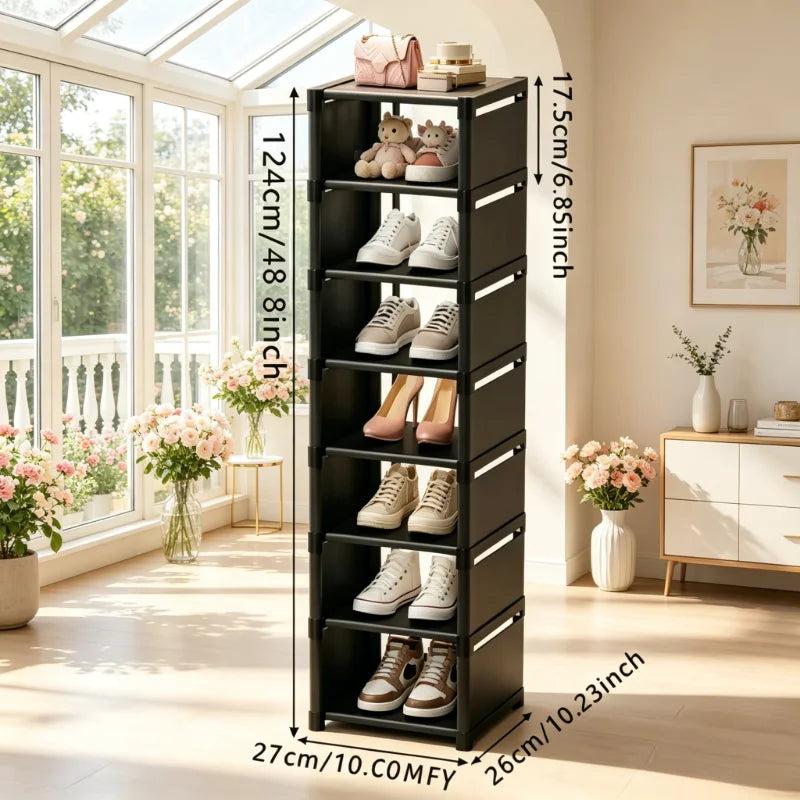 organisateur chaussures noir modulaire étagères empilables rangement moderne entrée maison baskets talons sacs figurines