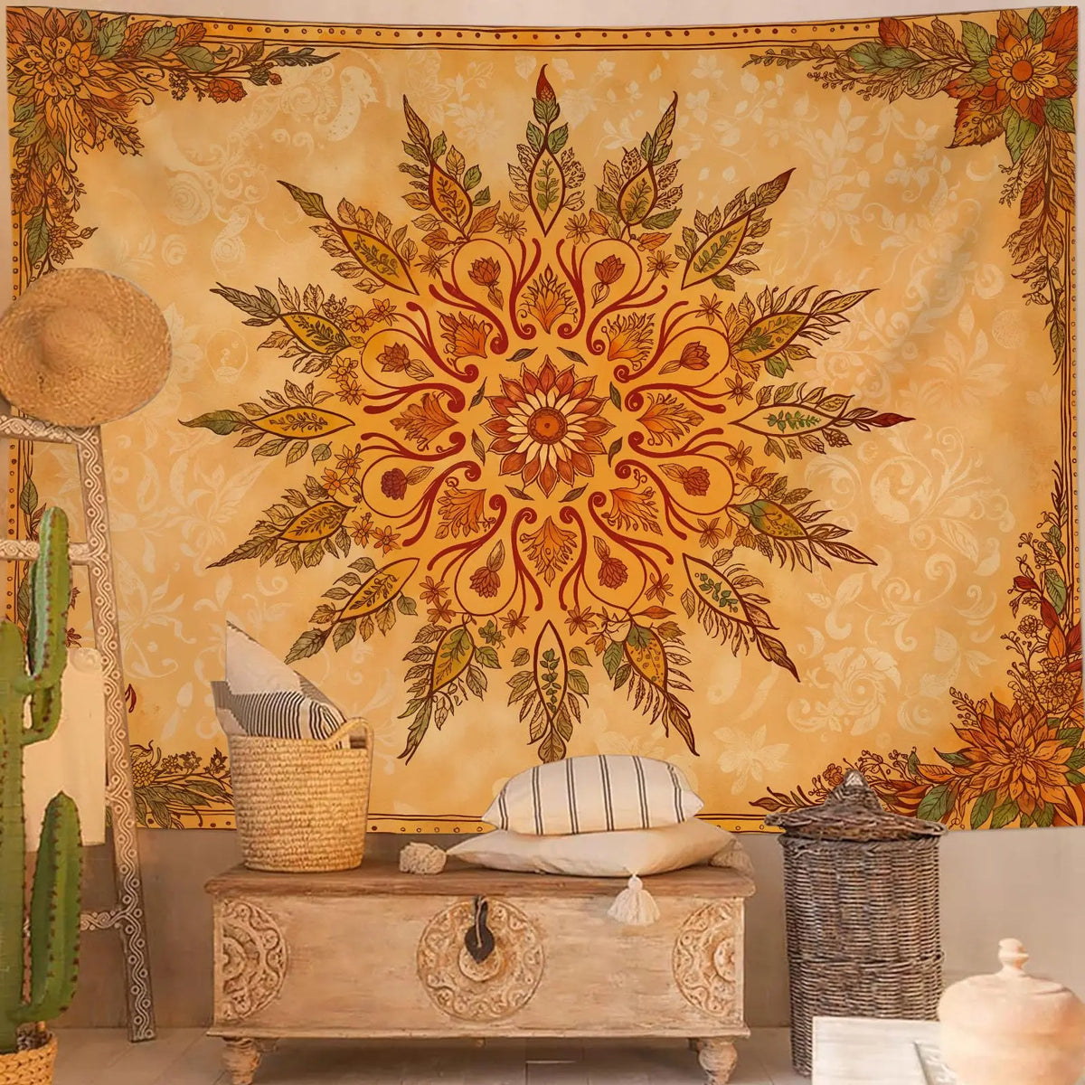 tapisserie boho mandala floral oranger feuilles stylisées chambre ethnique orange vert brun beige