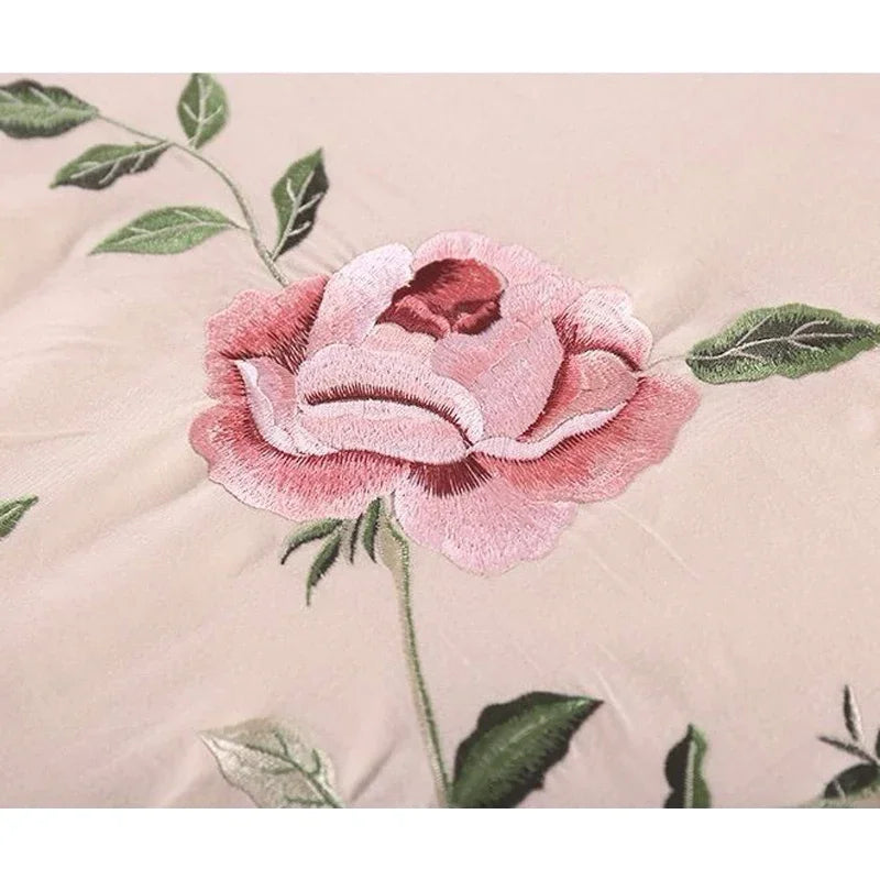 drap lit rose brodé feuilles vertes coton polyester lit adulte classique floralsetSize: 14 words