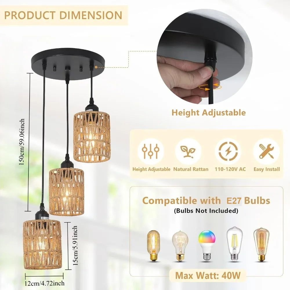 Suspension lumineuse moderne rotin noir beige ampoules E27 compatibles