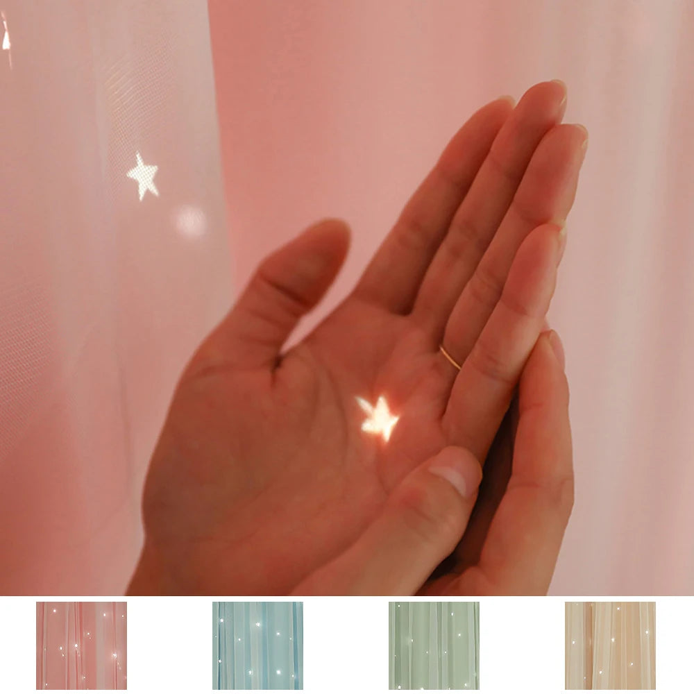 rideau romantique étoiles scintillantes rose blanc plissé semi transparent chambre fille