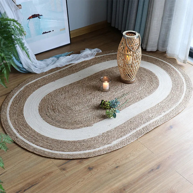 tapis ovale jute rayures blanches naturel rustique salon chambre