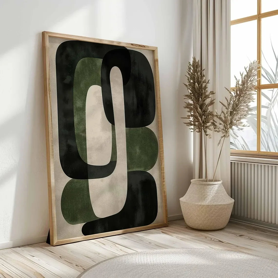 tableau toile abstrait moderne vert noir beige cadre bois décoration murale salon chambre minimaliste