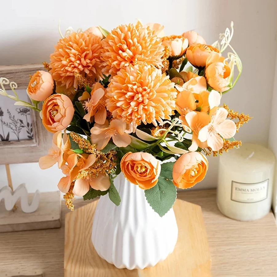 décoration intérieure bouquet fleurs artificielles modernes variées couleurs violet orange rose gris élégantes
