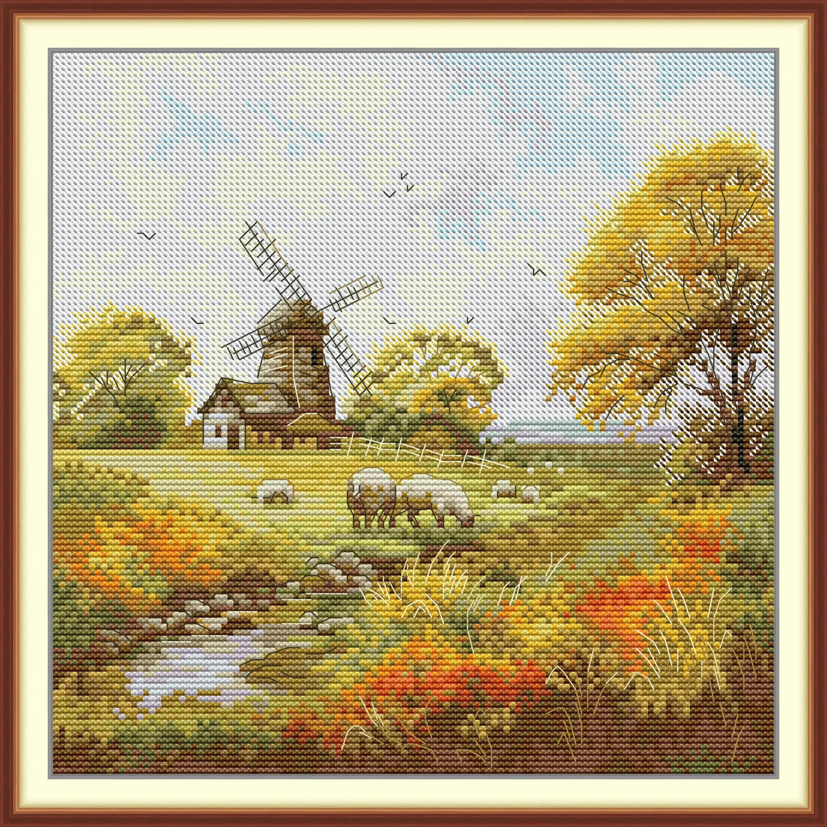 broderie point croix paysage rural moulin vent animaux arbres fleurs toile imprimée coton peinture