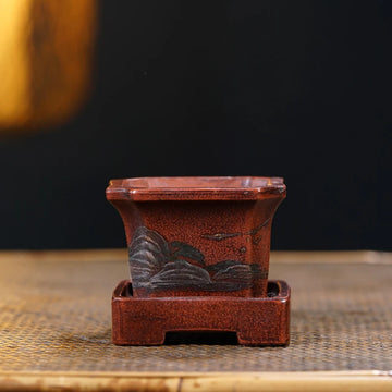 pots plantes céramique traditionnel chinois gravure montagnes nuages rouge brun support carré