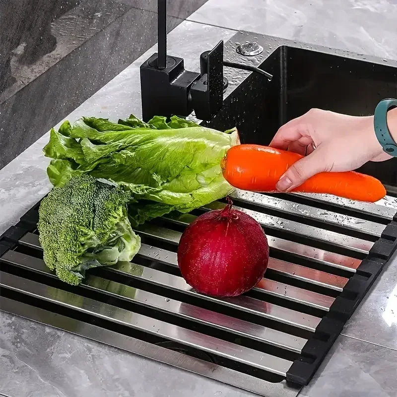 tapis cuisine pliable acier inoxydable noir gris rayures horizontales moderne multifonctionnel égouttoir pliableversible
