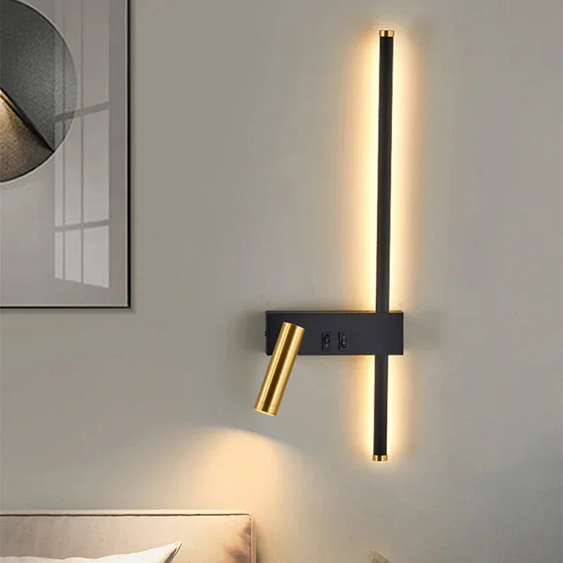 lampe murale led moderne fixée mur éclairage vertical minimaliste noir doré