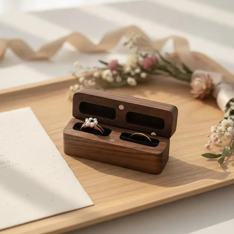 boîte rangement bois marron minimaliste bijoux bagues mariage quotidien organizer alliance