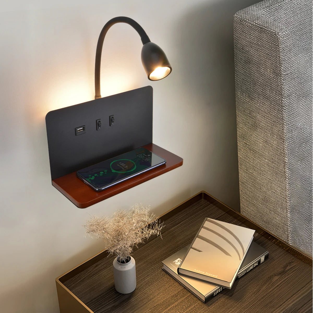 lampe murale moderne chargeur sans fil étagère intégrée LED noir blanc