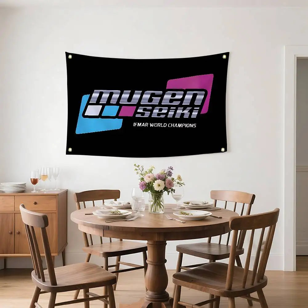 drapeau decoration sportif logo mugen seiki texte ifmar world champions polyester noir bleu violet