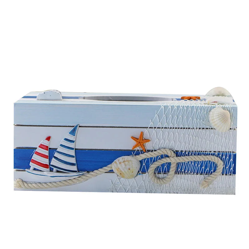 boîte mouchoirs marin bois bleu rayures coquillages bateau étoile mer décorative maison rangement