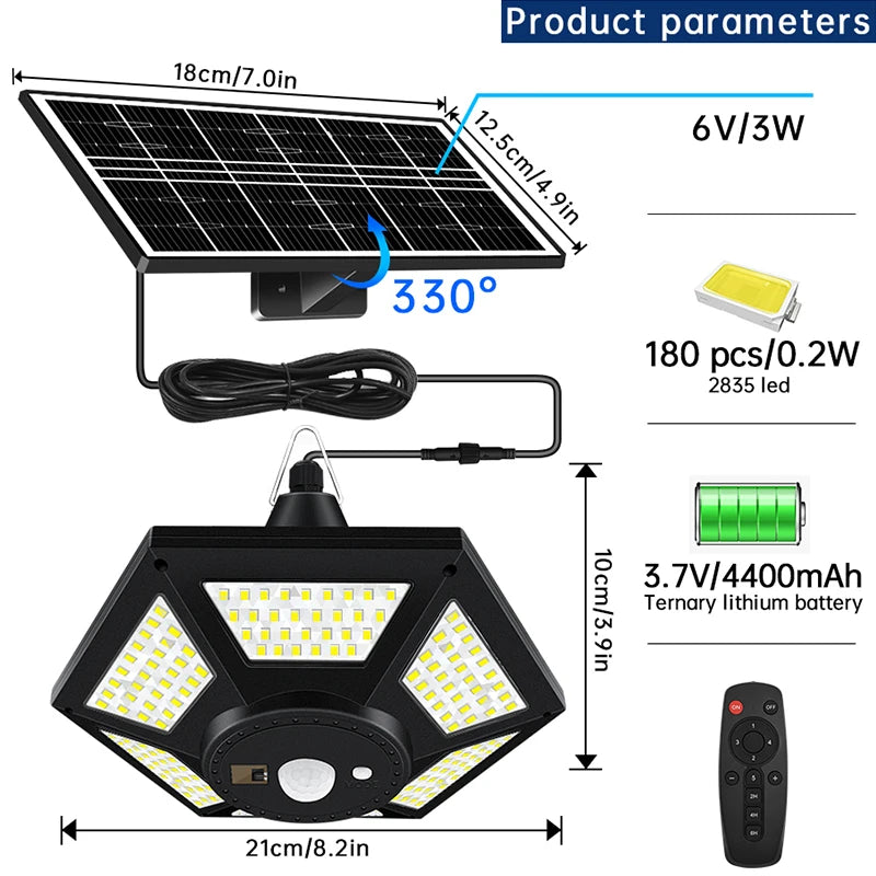 lampe solaire suspendue détecteur mouvement 180 led noir moderne télécommande modes éclairage autonomie ip65