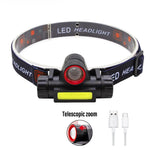 lampe frontale led rechargeable pêche camping avventure modes éclairage bandes élastiques zoom ajustable transparentes