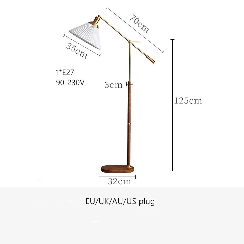 lampe sol moderne or bois ampoule e27 plissée base circulaire hauteur 125cm