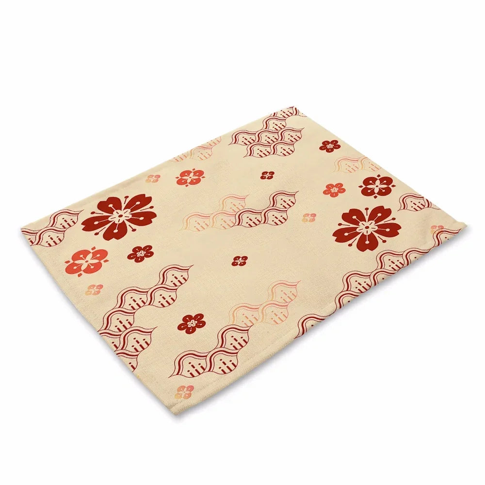tapis table art japonais traditionnel fleurs motifs géométriques bleu vert rouge beige
