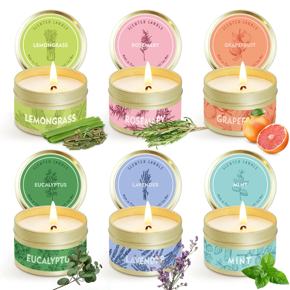 bougies parfumées cire soja motifs floraux minimaliste parfums lavande menthe eucalyptus grapefruit jasmin citronnelle