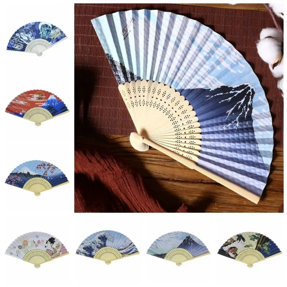 ventilateur pliant éventail traditionnel art japonais paysages fleurs rouge blanc bleu