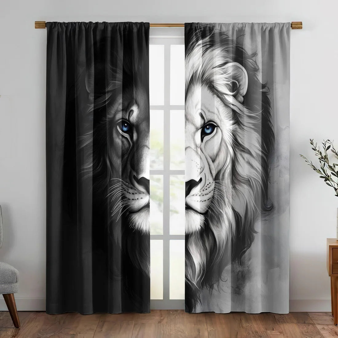 rideau lion noir gris motif géométrique moderne anneaux métalliques polyester chambre salon