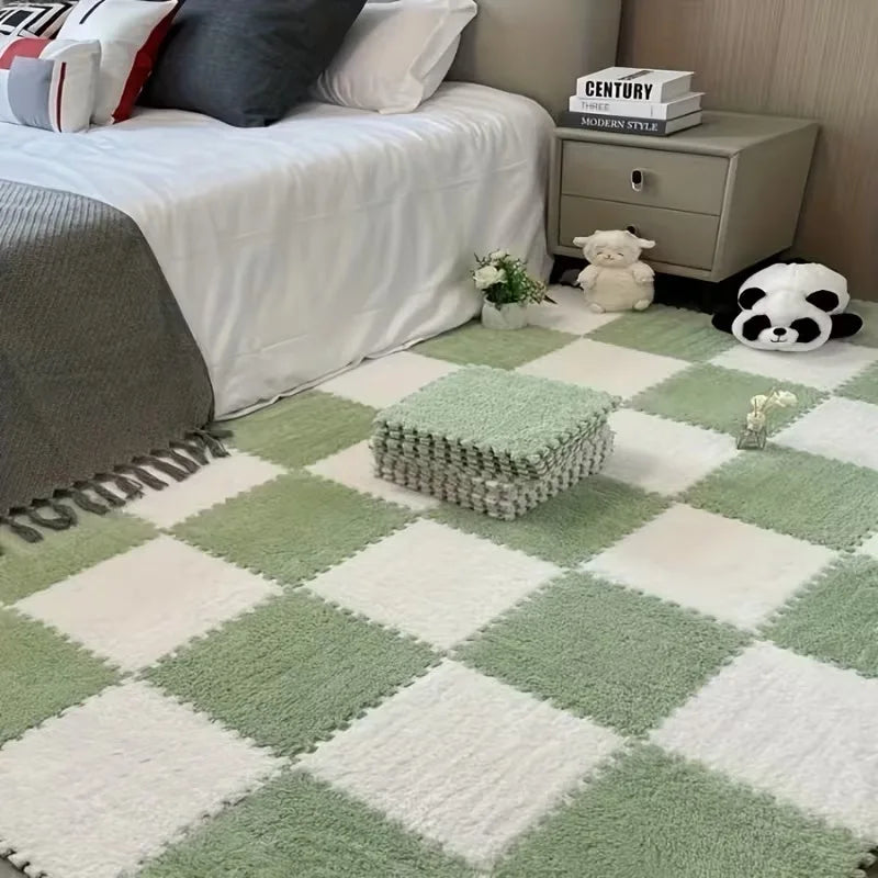 tapis modulable carreaux géométriques gris blanc doux moelleux moderne clips 30cm 30cm