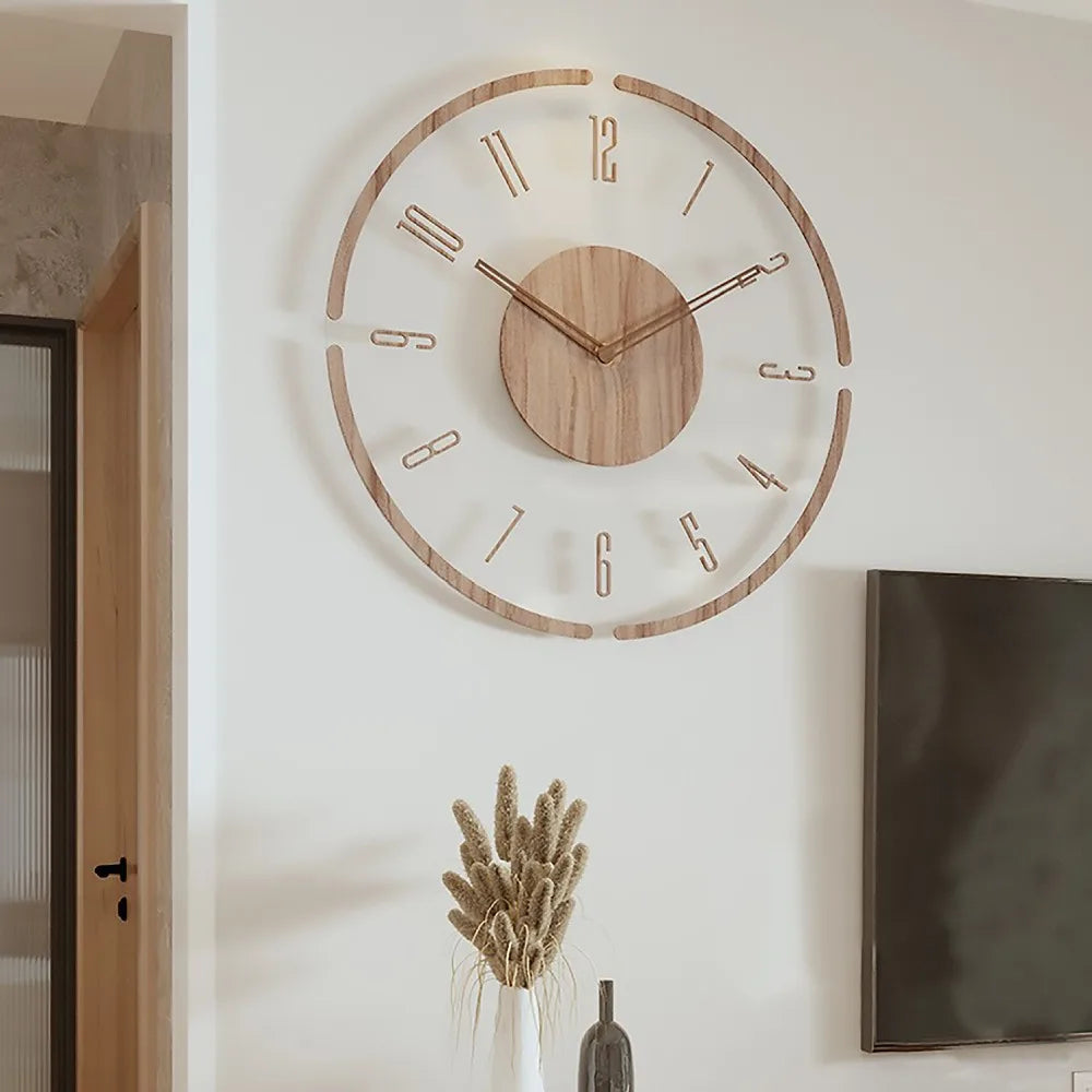 horloge murale moderne bois grainé transparente beige clair minimaliste chiffres fleurs fruits