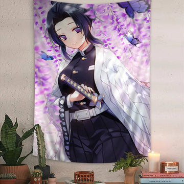 tapisserie murale anime violet papillons fleurs décoration chambre personnage dessin animé japonais tissu décoration