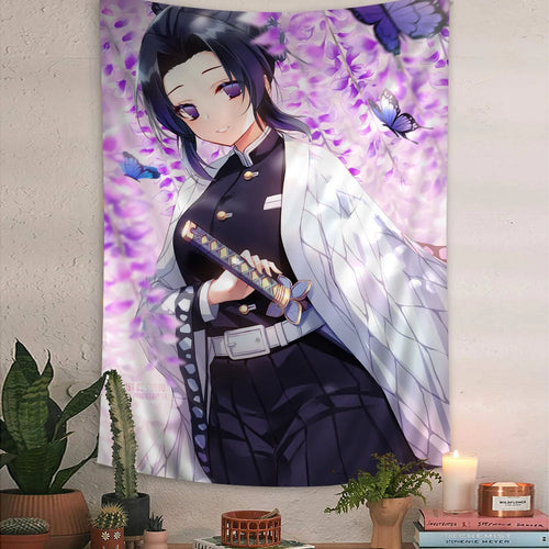 tapisserie murale anime violet papillons fleurs décoration chambre personnage dessin animé japonais tissu décoration