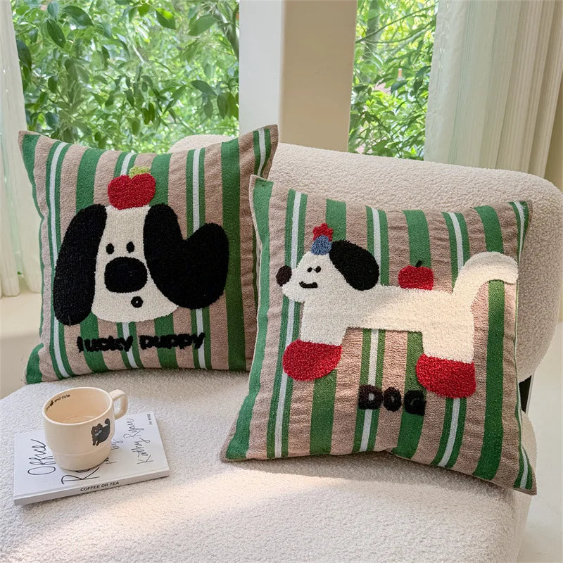 housse coussin brodée animaux vertes blancs nordique cartoon décor maison salon chambre voiture 45x45cm