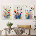 tableau moderne minimaliste multicolore fleurs aquarelle toile cadre bois chambre salon déco sans frame