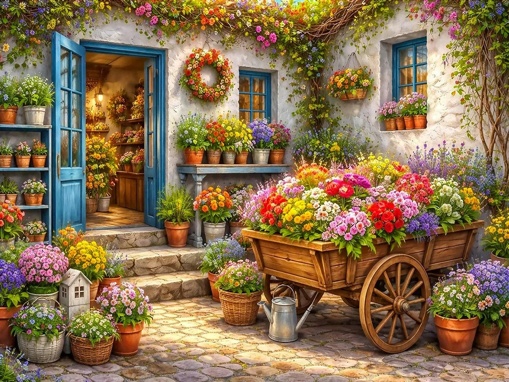 puzzle diamant multicolore maison fleurs artisanal complet diy résine opaque classique full embroidery kit