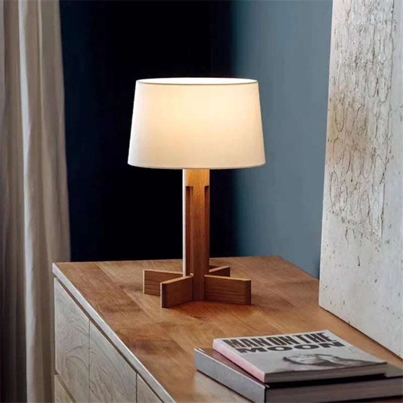 lampe moderne minimaliste bois blanc abatjour tissu base fixe led 21w 30w