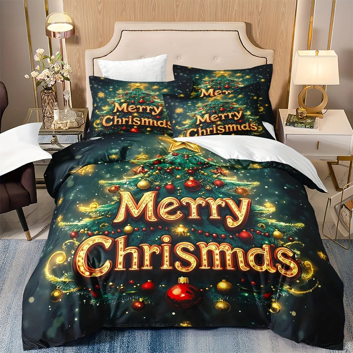 ensemble literie noël arbre noël boules étoiles merry christmas polyester brossé vert foncé rouge