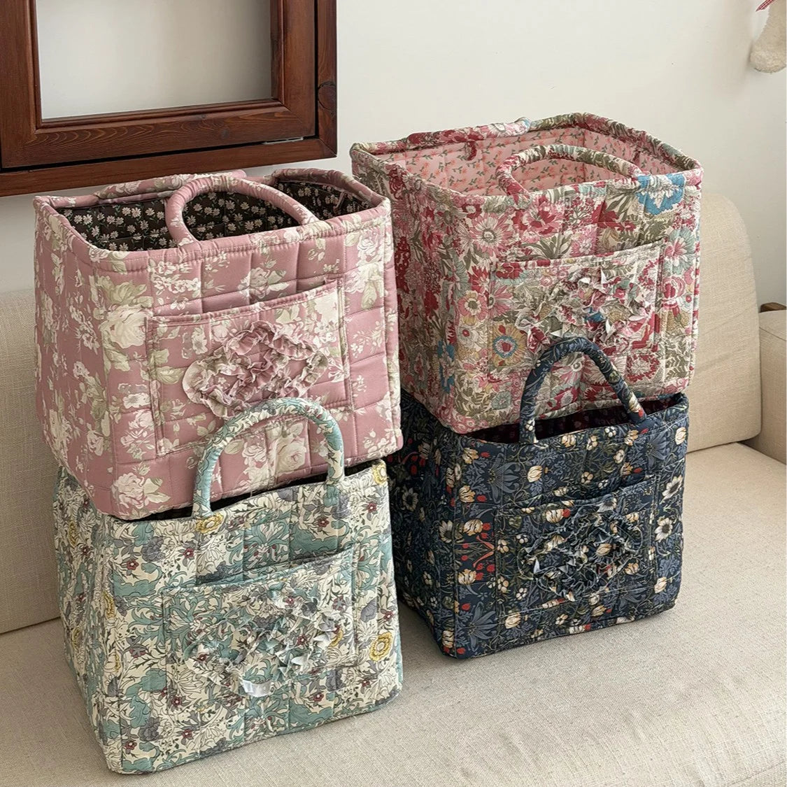 paniers rangement tissu fleurs patchwork vintage rose clair rouge marron poignées détachables fermeture glissière