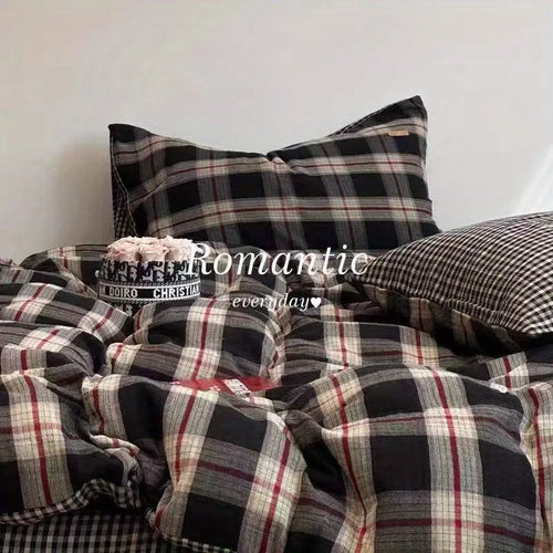 parure lit ensemble housse couette drap taies oreiller carreaux ecossais noir rouge