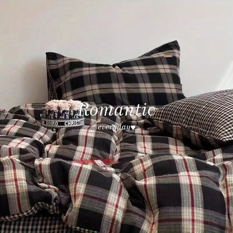 parure lit ensemble housse couette drap taies oreiller carreaux ecossais noir rouge
