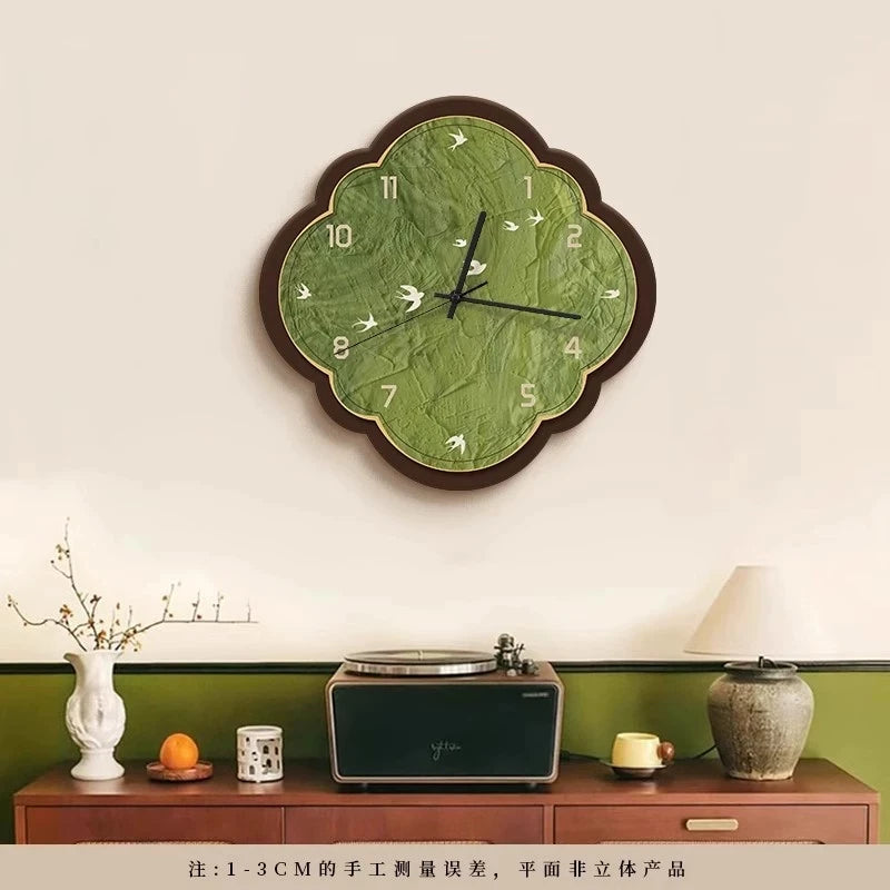 horloge murale moderne motif feuilles vert clair bois bambou salon étude quartz aiguille