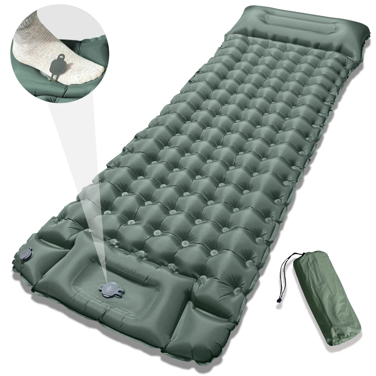 matelas gonflable bleu marine confortable texture boutons sac rangement camping plein air