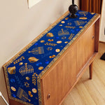 table table lin motif hanouka menorah bleu doré traditionnelle festive juive texto hébreu