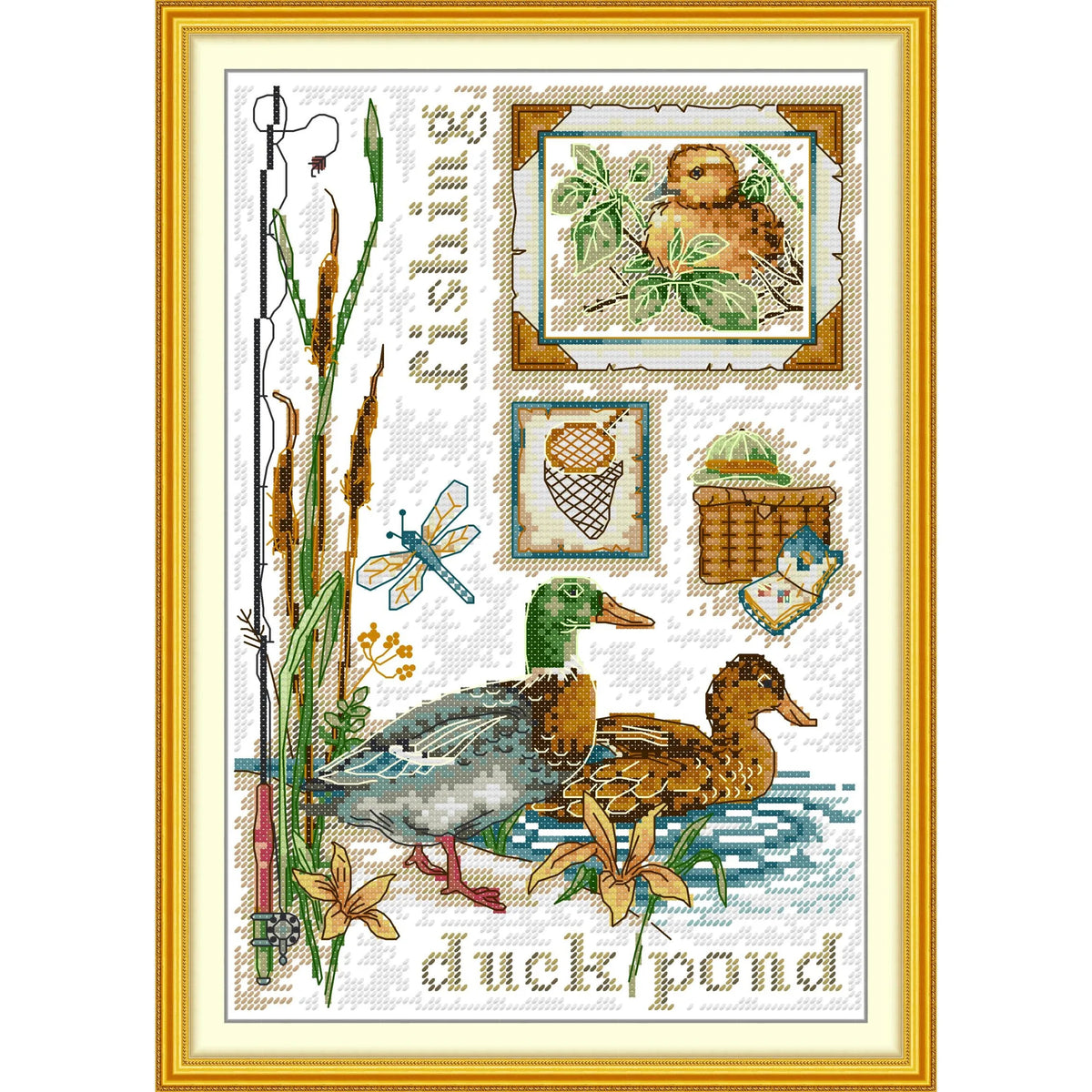 kit broderie scènes naturelles canards plantes aquatiques libellules coton multicolore guide broderie toile imprimée