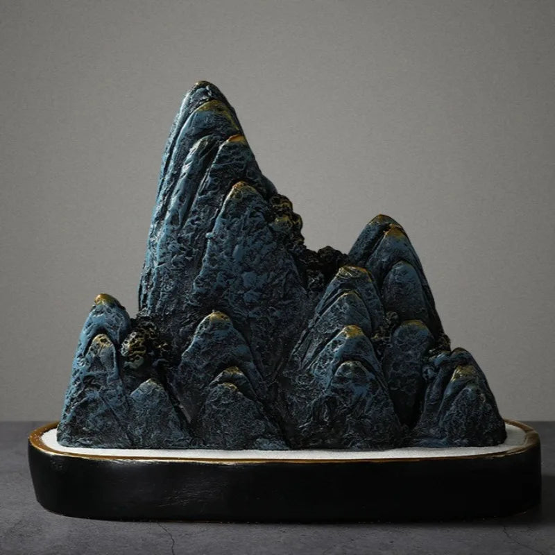 ornements résine bleu doré relief rocher artisanal moderne sculpture base noire dorée