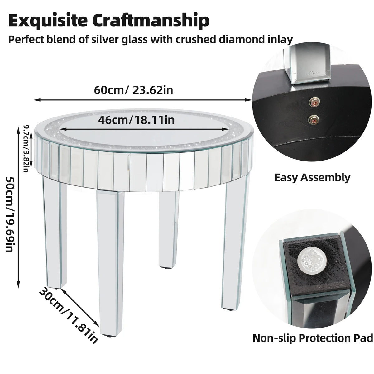 table d'appoint ronde argentée strass moderne élégante pieds simples transparente minimaliste