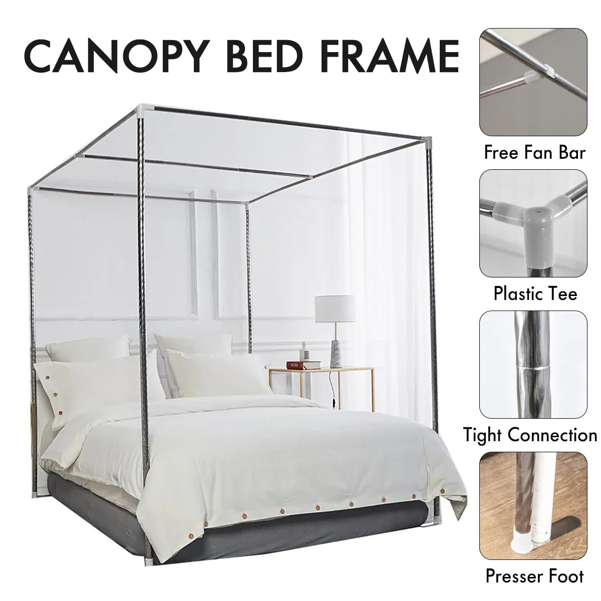 lit baldaquin acier inoxydable gris moderne structure métal lisse barre suspension clips pied pression