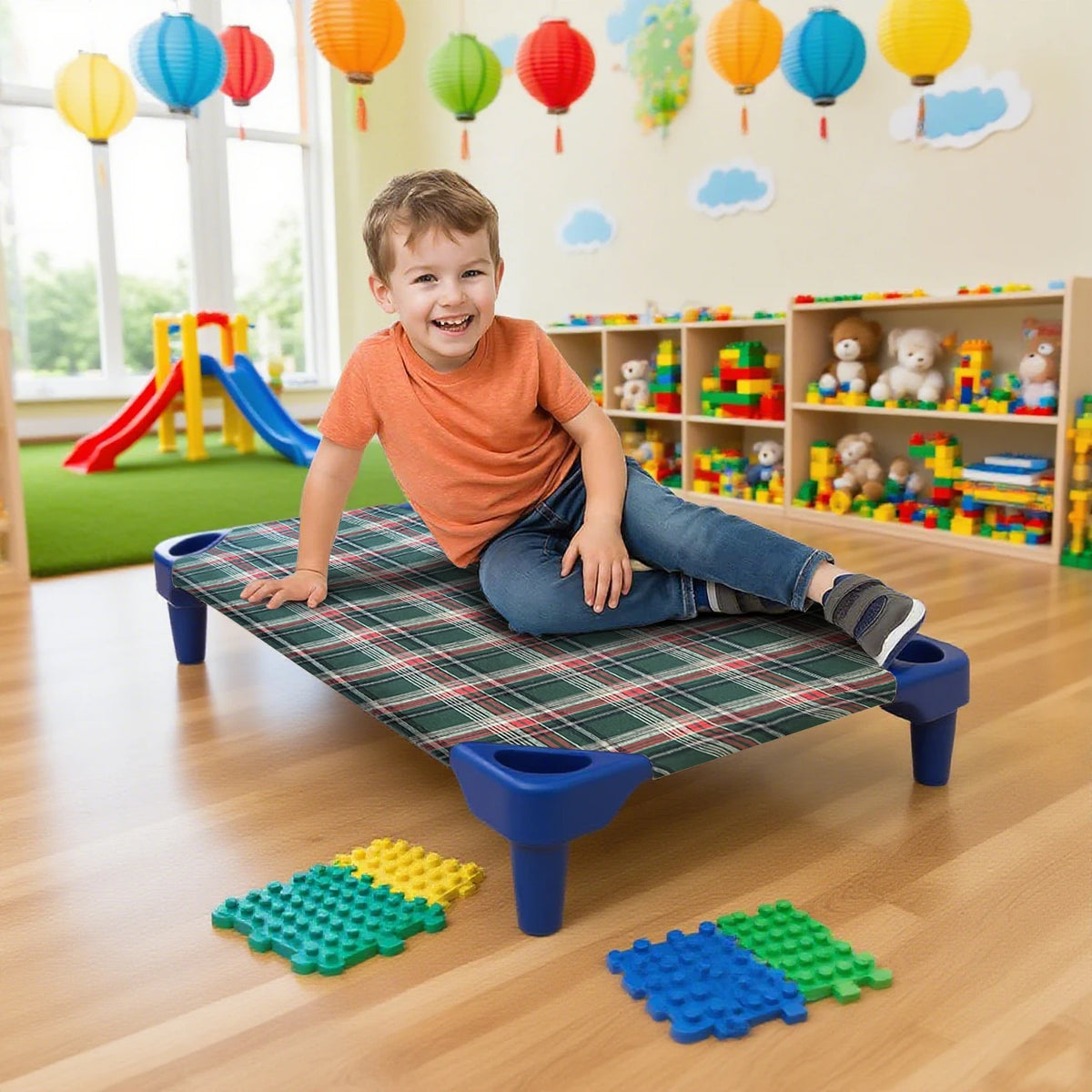 housse lit enfant carreaux écossais vert rouge moderne quatre saisons élastiques polyestère